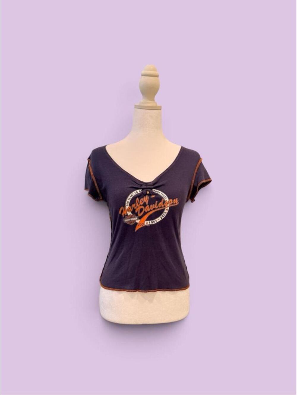 Harley Davidson navy blue v neck tee with orange stitching